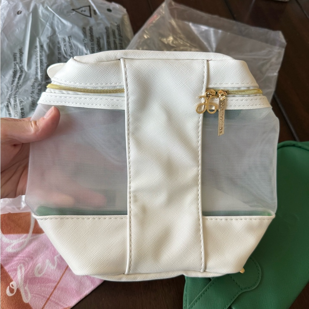 Arbonne White Mesh Cosmetic Pouch with Gold Zipper